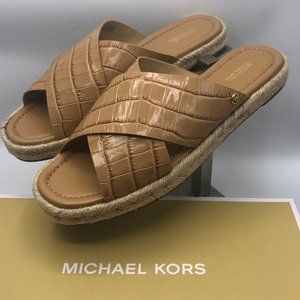 MICHAEL KORS Linden Women's Slide Flat Sandals Suntan Croco Leather Jute NWT 11